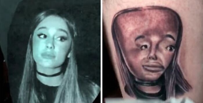 Side-by-side image showing a photo of a woman and a tattoo of her portrait with a distorted face mistake.