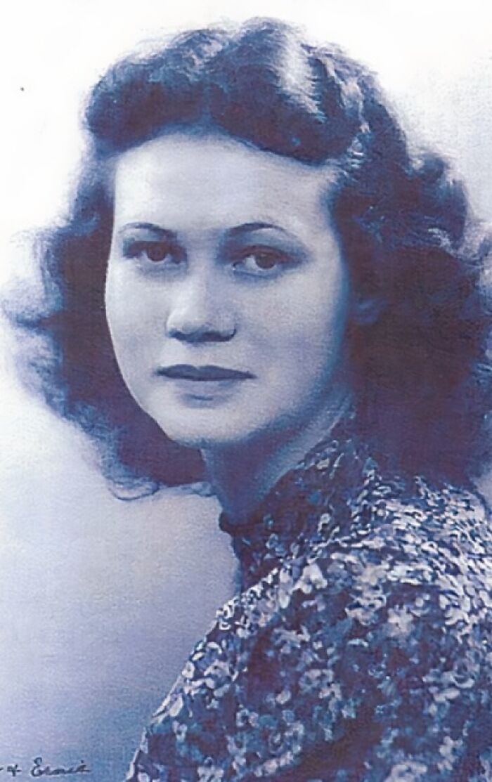 Portrait of a young woman in an antique historical photograph wearing a patterned dress, capturing a moment from the past.