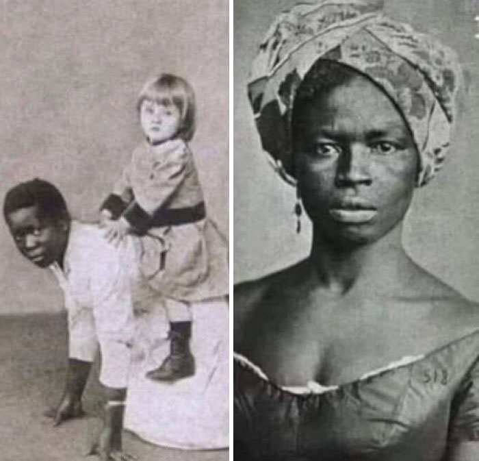 Black and white antique historical photographs showing a child riding on a man's back and a woman with a headwrap looking at the camera.