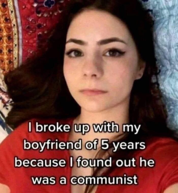 Young woman lying down sharing an outrageous hot take about breaking up over political beliefs.