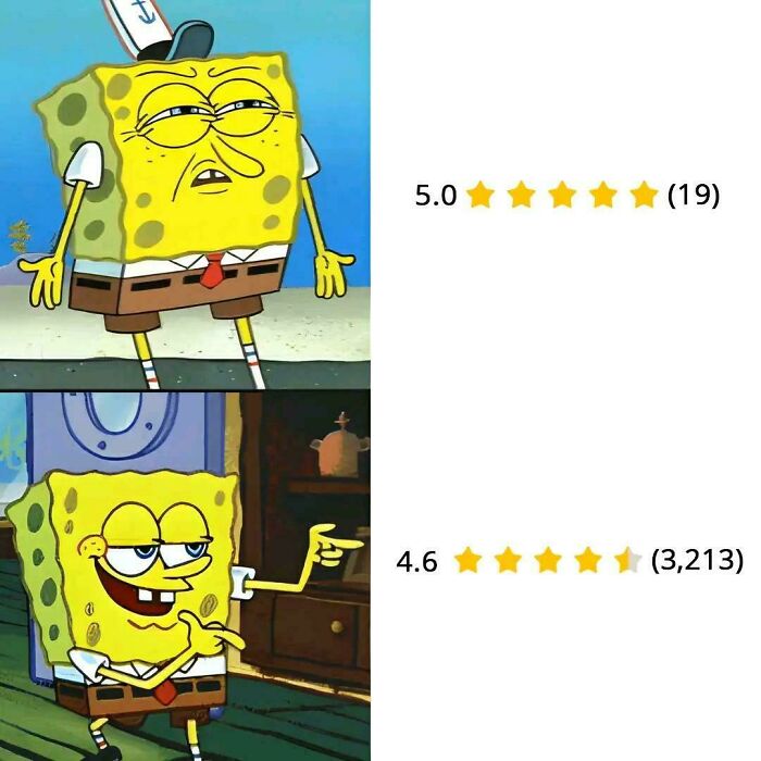 SpongeBob memes humorously illustrating differences in rating perceptions, capturing human experience through popular meme culture.