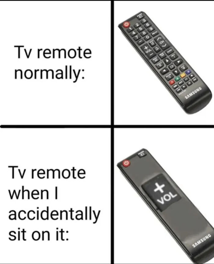 TV remote shown normally versus distorted after accidentally sitting on it, illustrating relatable human experience memes.