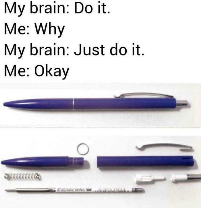 Meme showing a pen assembled and disassembled representing human experience and inner mental dialogue.