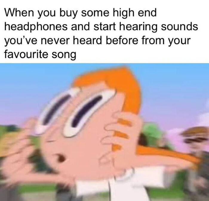 Blurred cartoon character holding ears excitedly, illustrating the human experience of discovering new sounds in favorite songs.