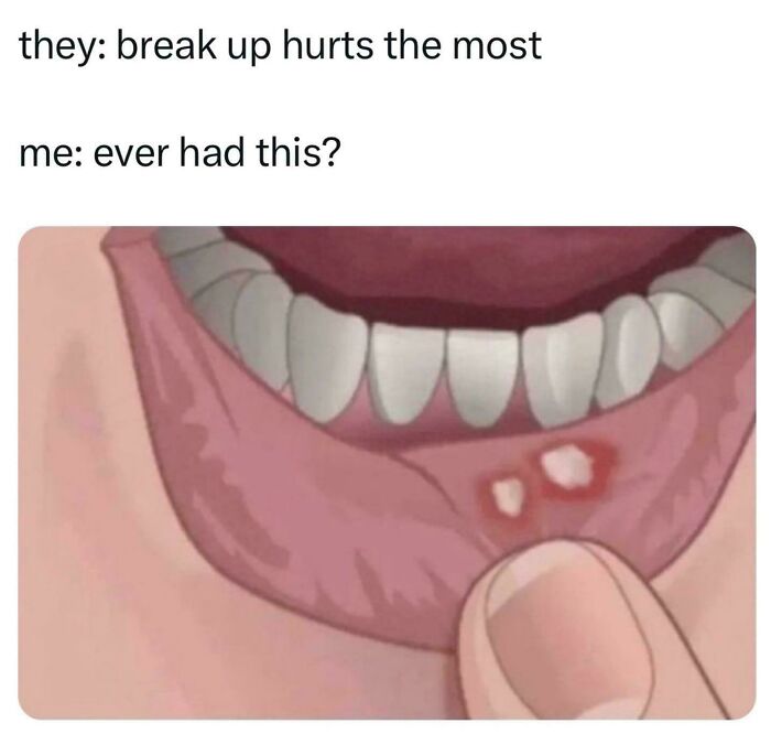 Close-up meme showing mouth with painful canker sores, illustrating human experience humor in relatable way.