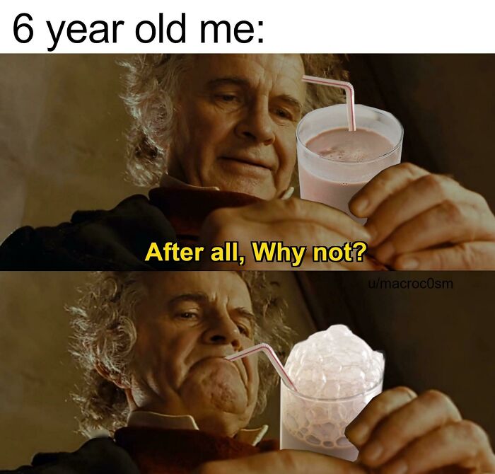 A meme humorously capturing the human experience of childhood curiosity and imagination with drinking a mysterious bubbly glass.