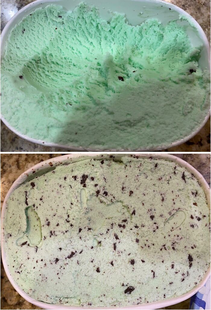 Half-eaten and full mint chocolate chip ice cream tubs showing products getting smaller and more expensive comparison.