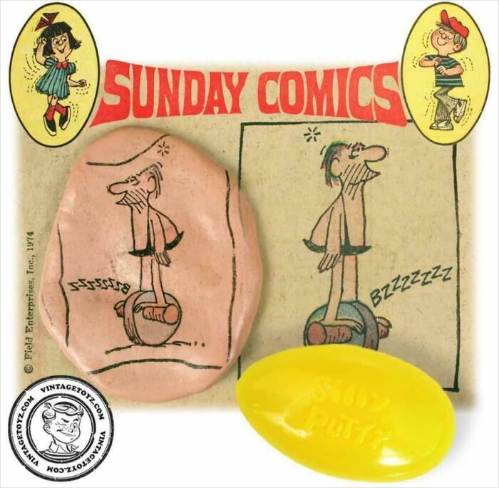 Sunday comics and Silly Putty toy creating nostalgic memories from childhood with image transfer and stretching fun.