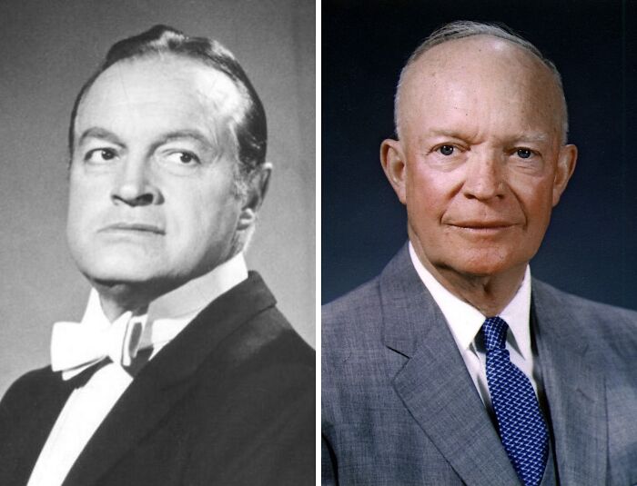Black and white photo of a man in formal wear next to a color portrait of a man in a gray suit representing historical figures friendship.