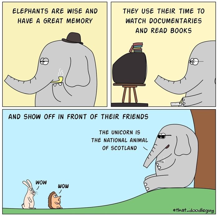 Cute animal comic featuring an elephant sharing fun facts, illustrating ridiculous charm from Divyansh Sikka's artwork.