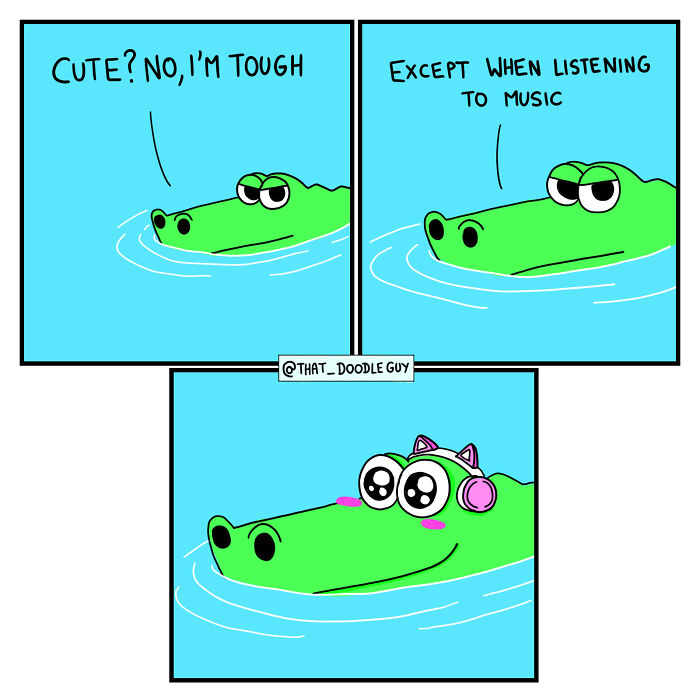 Comic featuring a tough crocodile who looks adorable while listening to music with cute headphones in animal comics.