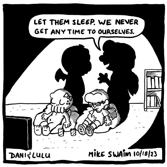 Black and white wholesome comic panel showing two kids sitting quietly while their parents chat in silhouette.