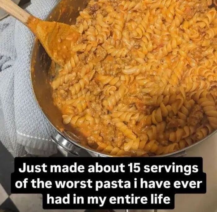 Pot of pasta with a humorous meme expressing regret over making the worst pasta, capturing relatable human experience memes.