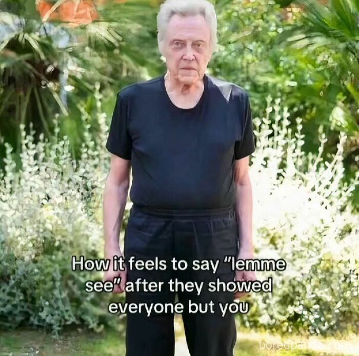 Older man standing in black clothes outdoors with meme text about feeling excluded, illustrating human experience memes.