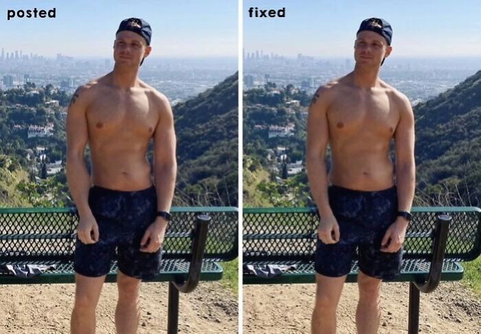 Side-by-side comparison of a shirtless man with and without heavy editing in an influencer Instagram post exposure.