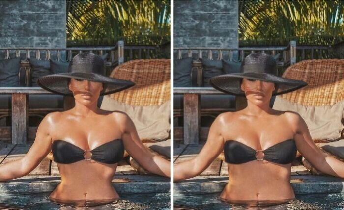 Woman wearing a black hat and bikini in pool, showing influencer heavy editing on Instagram posts side by side.