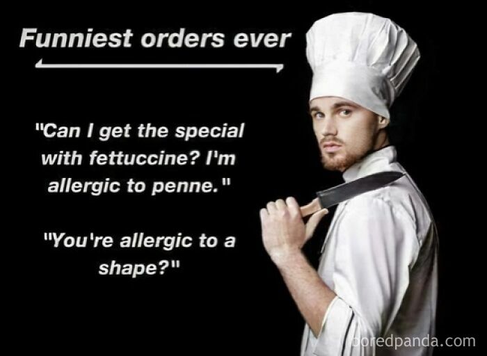 Chef holding a knife with a caption about funny customer orders, illustrating relatable hospitality work moments.