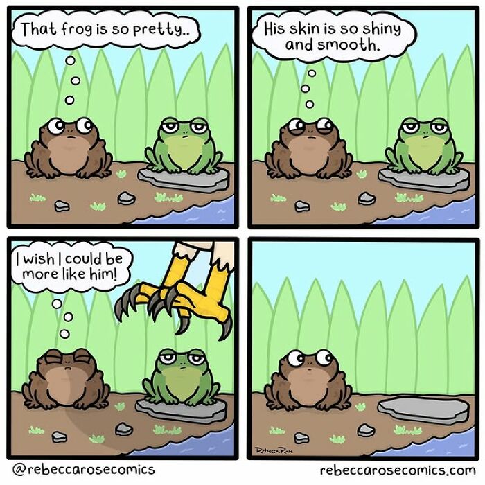 Cartoon of a frog admiring another frog, illustrating everyday awkwardness in a hilariously relatable comic style.