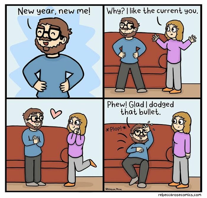 Cartoonist’s comic shows everyday awkwardness in a relatable scene with a couple discussing new year resolutions humorously.