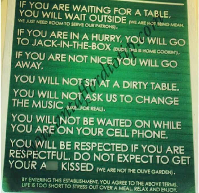 Sign listing restaurant rules humorously describing hospitality workers' expectations from customers in relatable memes.