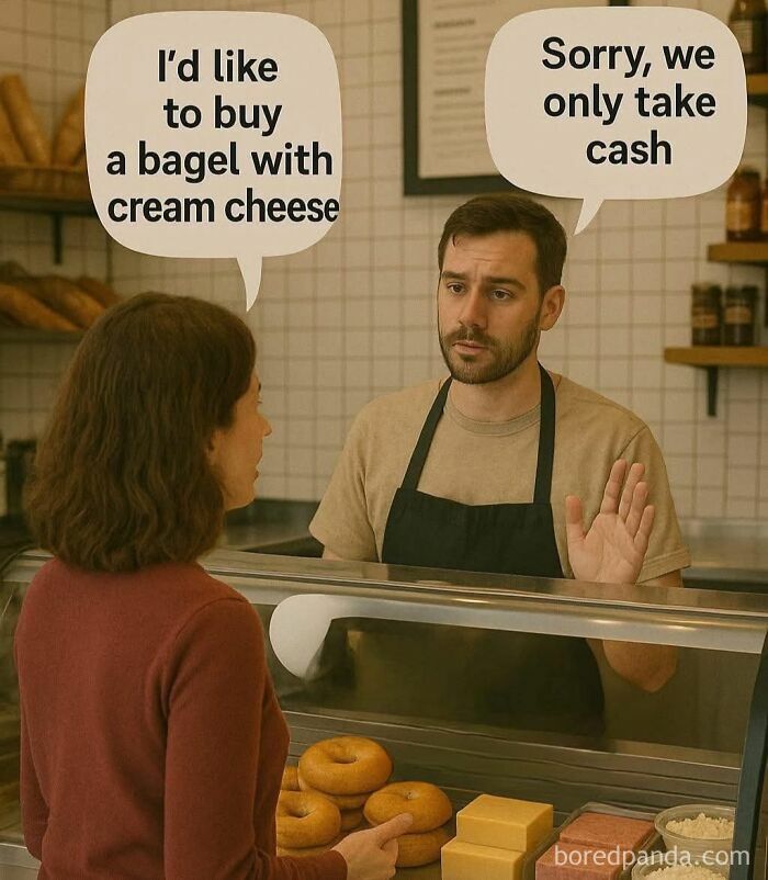 Customer orders bagel with cream cheese while hospitality worker explains they only take cash in bakery setting.