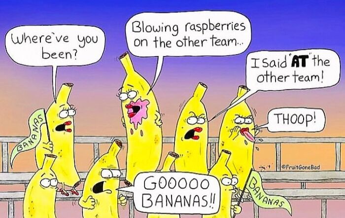 Cartoon of bananas at a sports event with humorous dialogue, illustrating fruit humor from Fruit Gone Bad series.