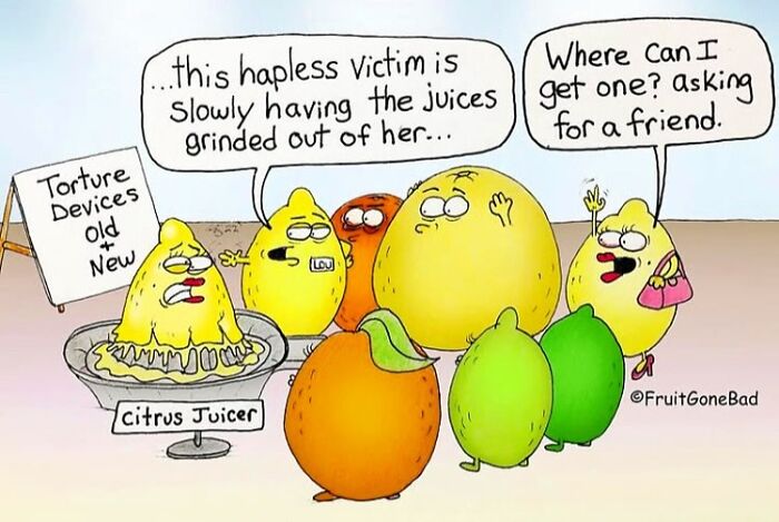 Cartoon of fruit characters discussing a citrus juicer as a t*****e device in Fruit Gone Bad comic series.
