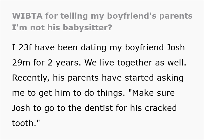 Text excerpt from a post about helicopter parents treating their 29-year-old son’s girlfriend like a nanny and daily planner. Text excerpt from a post about helicopter parents treating their 29-year-old son’s girlfriend like a nanny and daily planner.