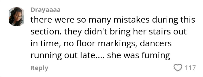 Fan comment expressing concern over dangerous malfunction during Beyoncé show with missed cues and no floor markings. Fan comment expressing concern over dangerous malfunction during Beyoncé show with missed cues and no floor markings.