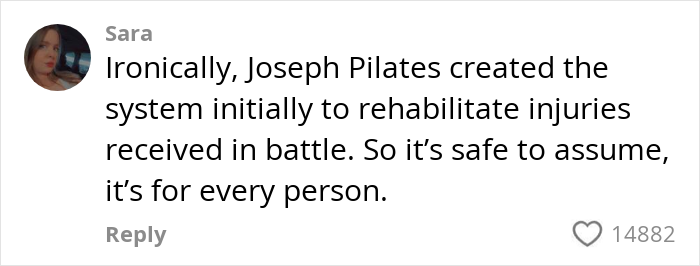 Comment by Sara about Pilates being created to rehabilitate injuries, highlighting Pilates suitability for every person. Comment by Sara about Pilates being created to rehabilitate injuries, highlighting Pilates suitability for every person.