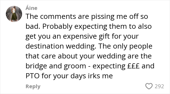Commenter Áine expressing frustration about expectations around paying for hen parties and destination weddings. Commenter Áine expressing frustration about expectations around paying for hen parties and destination weddings.