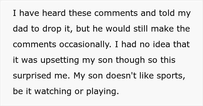Text excerpt discussing a father’s upsetting comments and a son’s dislike for sports, highlighting family tension. Text excerpt discussing a father’s upsetting comments and a son’s dislike for sports, highlighting family tension.