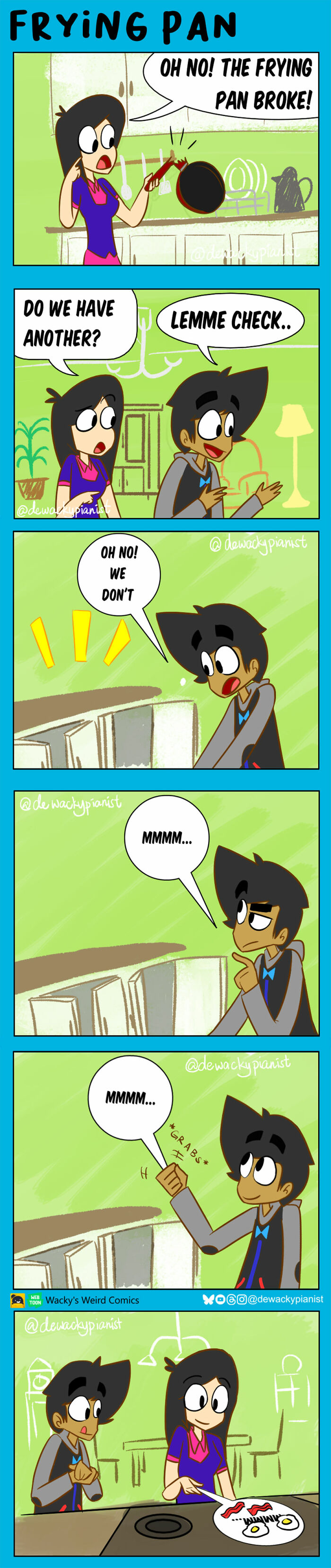 A chaotic and hilarious comic strip showing a broken frying pan and creative cooking solutions by the artist.