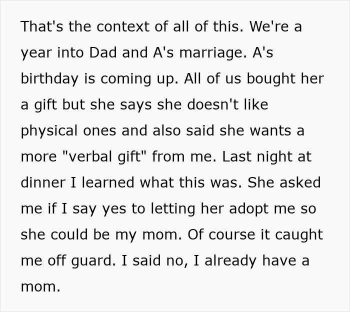 Stepmom Calls Teen’s Bio Mom A “Part-Timer” When He Refuses To Be Adopted By Her Stepmom Calls Teen’s Bio Mom A “Part-Timer” When He Refuses To Be Adopted By Her