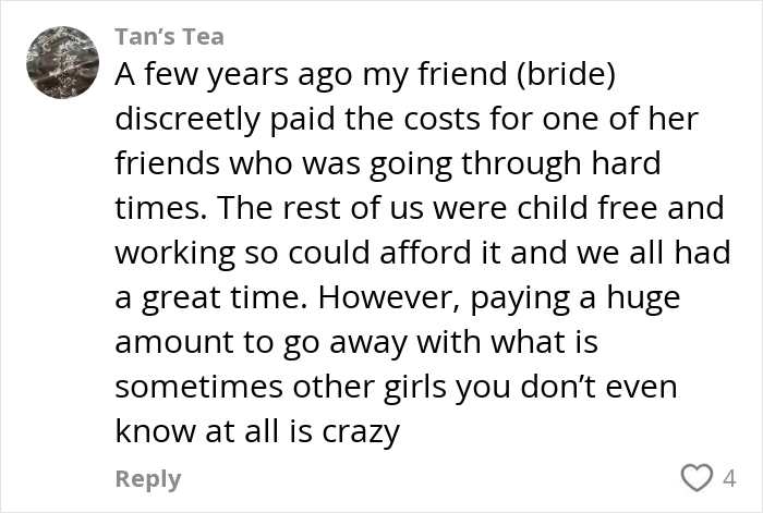 User comment discussing experiences and opinions on paying for hen parties and the costs involved. User comment discussing experiences and opinions on paying for hen parties and the costs involved.