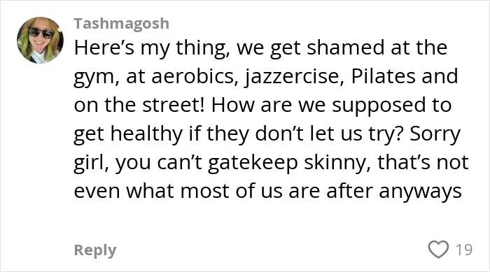 Comment from user Tashmagosh discussing being shamed for doing Pilates and other workouts, addressing Pilates and body inclusivity. Comment from user Tashmagosh discussing being shamed for doing Pilates and other workouts, addressing Pilates and body inclusivity.
