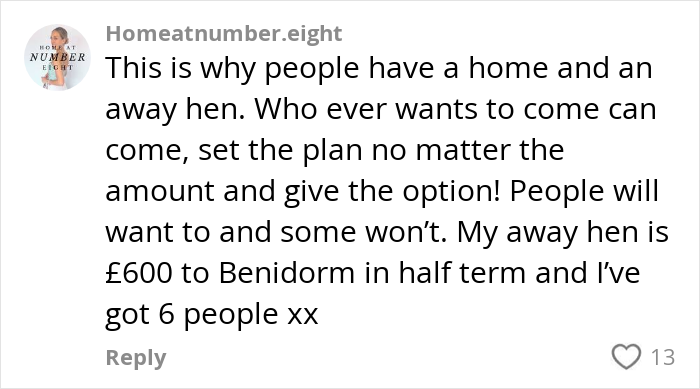 Comment discussing hen parties and the rising costs, highlighting debates about paying for hen parties becoming excessive. Comment discussing hen parties and the rising costs, highlighting debates about paying for hen parties becoming excessive.