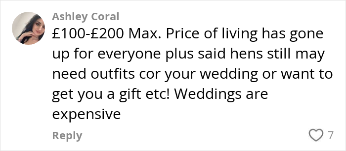 Comment from Ashley Coral discussing the rising costs and expenses related to paying for hen parties. Comment from Ashley Coral discussing the rising costs and expenses related to paying for hen parties.
