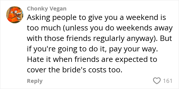 Social media comment debating whether paying for hen parties has become excessive and unfair for friends. Social media comment debating whether paying for hen parties has become excessive and unfair for friends.