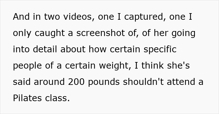 Screenshot of text discussing a woman saying people 200 lbs and over should not do Pilates classes. Screenshot of text discussing a woman saying people 200 lbs and over should not do Pilates classes.