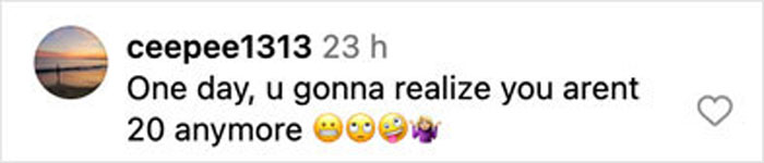 Comment about not being 20 anymore on social media, related to Pink's husband sharing graphic post surgery bike accident photo.