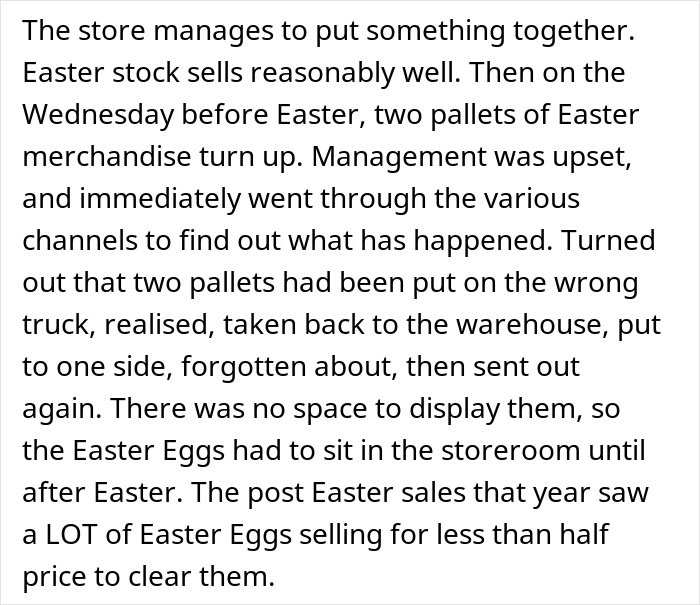 Store manager instructs staff not to fill empty shelves, resulting in no product display and poor sales performance. Store manager instructs staff not to fill empty shelves, resulting in no product display and poor sales performance.