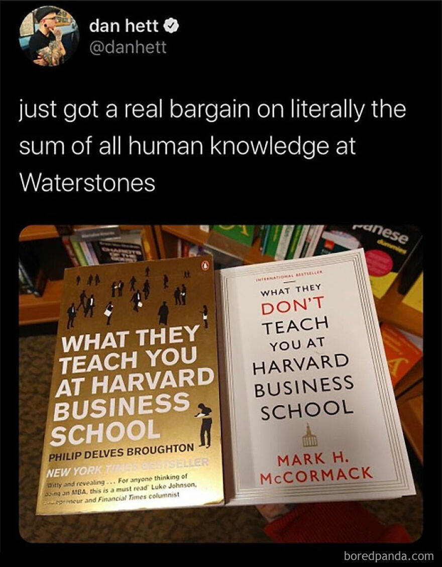 Twitter comedian tweet showing two Harvard Business School books with humorous titles at a bookstore, funny social media post.