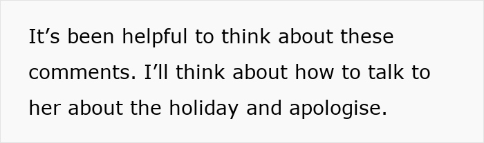Text on a white background reading it’s been helpful to think about these comments I’ll think about how to talk to her about the holiday and apologise Text on a white background reading it’s been helpful to think about these comments I’ll think about how to talk to her about the holiday and apologise
