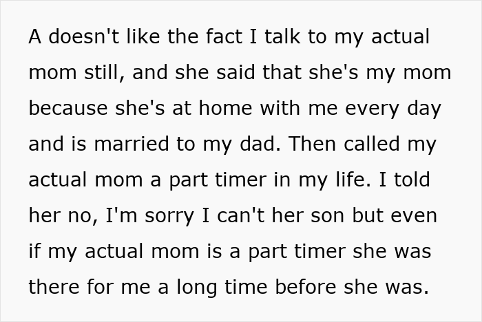 Stepmom Calls Teen’s Bio Mom A “Part-Timer” When He Refuses To Be Adopted By Her Stepmom Calls Teen’s Bio Mom A “Part-Timer” When He Refuses To Be Adopted By Her