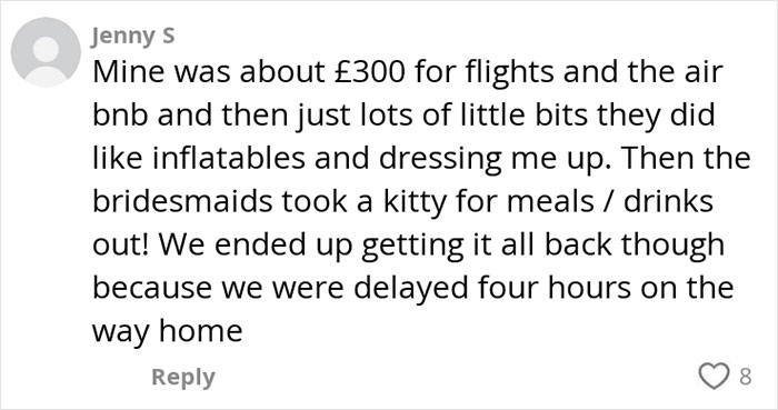 Comment discussing the costs and expenses associated with hen parties amid internet debates about paying for them. Comment discussing the costs and expenses associated with hen parties amid internet debates about paying for them.