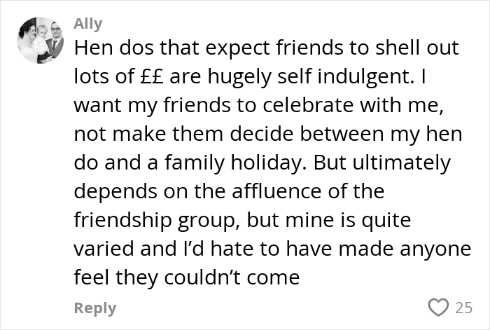 User comment discussing the cost expectations of hen parties and how paying for hen parties may have gotten out of hand. User comment discussing the cost expectations of hen parties and how paying for hen parties may have gotten out of hand.