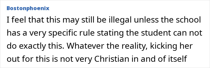 Text excerpt from Bostonphoenix discussing the legality and Christian values of expelling a teen girl over her trans prom date. Text excerpt from Bostonphoenix discussing the legality and Christian values of expelling a teen girl over her trans prom date.