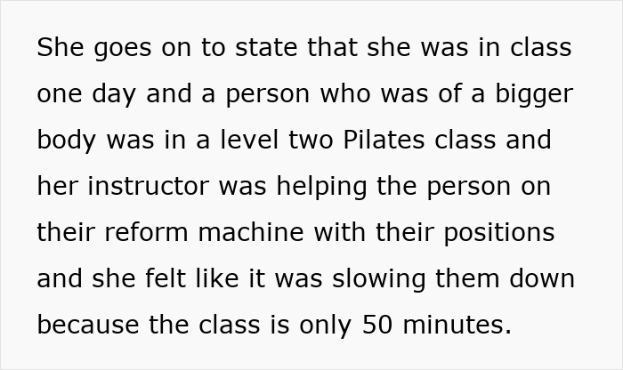 Alt text: Woman called out for saying people 200 lbs and over shouldn’t do Pilates during a reform machine class discussion Alt text: Woman called out for saying people 200 lbs and over shouldn’t do Pilates during a reform machine class discussion