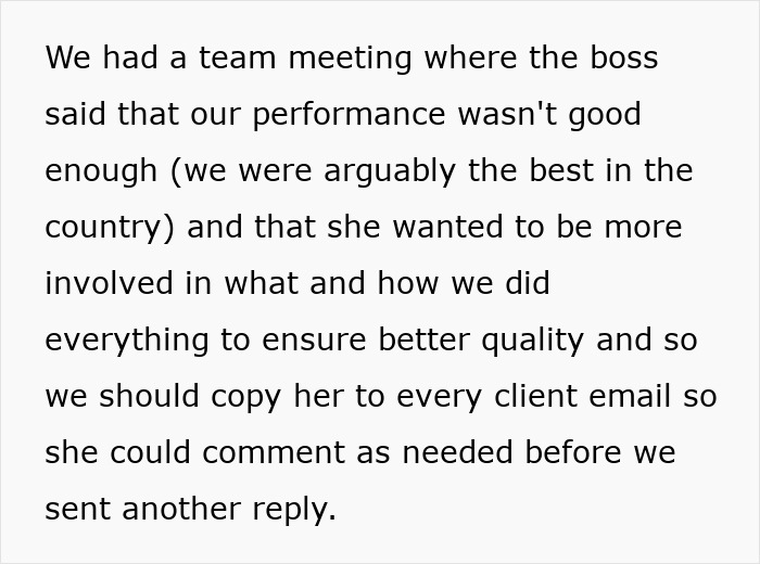 Text excerpt showing a team meeting where the boss criticizes performance and demands more involvement in client emails. Text excerpt showing a team meeting where the boss criticizes performance and demands more involvement in client emails.